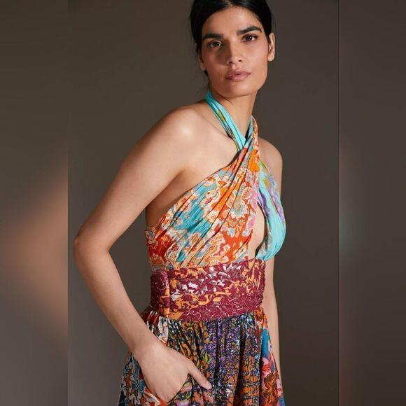 Love The Label Anthropologie Ivy Printed Patchwork Halter Maxi Dress Size XS NWT - Picture 2 of 12